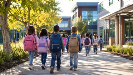Obraz premium Children with backpacks walk along a sunny school campus pathway surrounded by greenery and modern buildings.