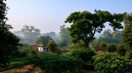 Fototapeta premium A serene rural village scene is captured under soft morning light enveloped in a gentle mist and lush greenery