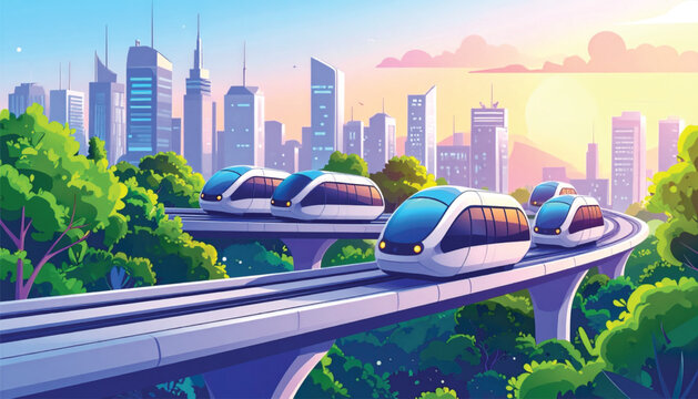 Futuristic Monorail Trains in Motion.