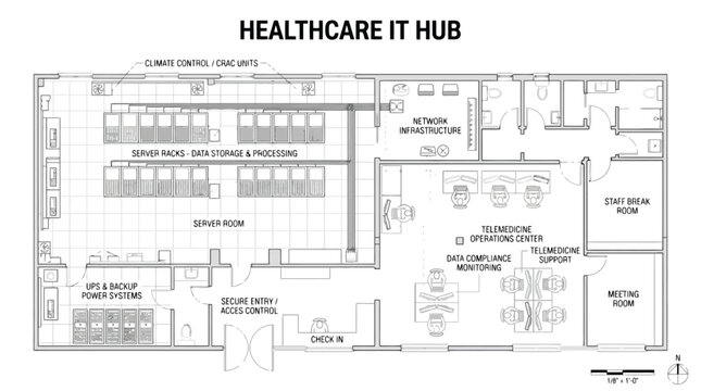 Architectural floor plan of a healthcare IT hub with server room network infrastructure and telemedicine operations center