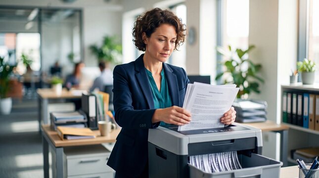 HR officer shredding confidential documents in office. Businesswoman destroying sensitive paperwork. Professional record management and data security for HR Officers Day celebration