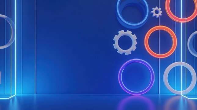 Abstract background with colorful glowing circles and gear shapes in a modern digital technology concept