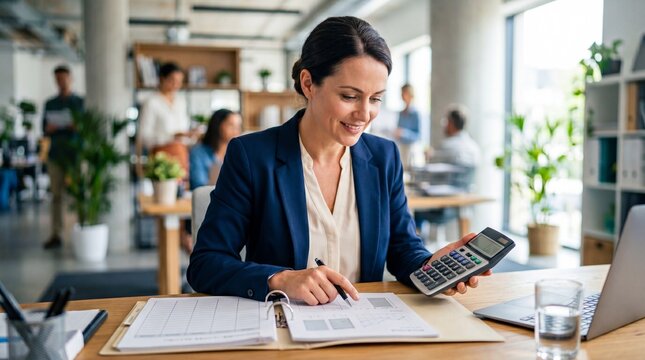 Human resources officer working with financial records in office. HR specialist calculating corporate benefits and payroll data. Professional manager managing company compensation and salary