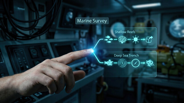 Close-up of a human hand interacting with a glowing blue digital oceanography diagram for marine survey, featuring shallow reefs and deep sea trench options in a research vessel