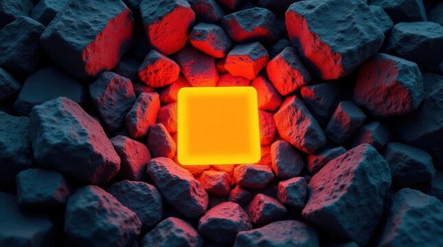 Glowing yellow square button floating in the middle of dark black coal rocks with red highlights