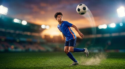 Naklejka premium Kid soccer player juggling ball on grass field during match at stadium. Young boy acting as athlete training for professional game. Sport competition and healthy lifestyle concept