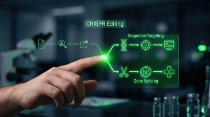 Obraz premium Close-up of a human hand interacting with a glowing neon green holographic diagram of CRISPR gene editing and DNA sequence targeting in a blurred biology laboratory