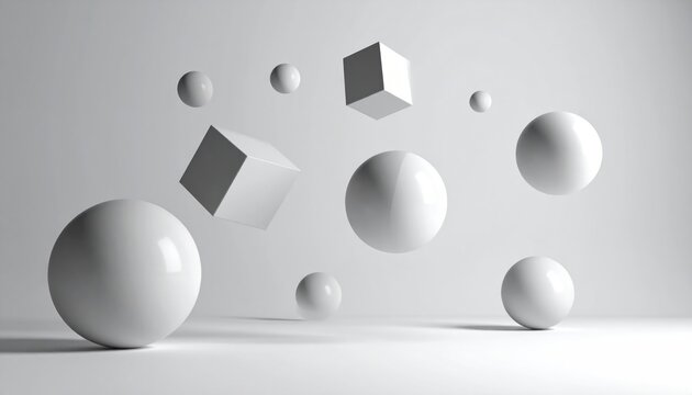 Abstract 3D shapes, spheres and cubes floating in white space, minimalist design