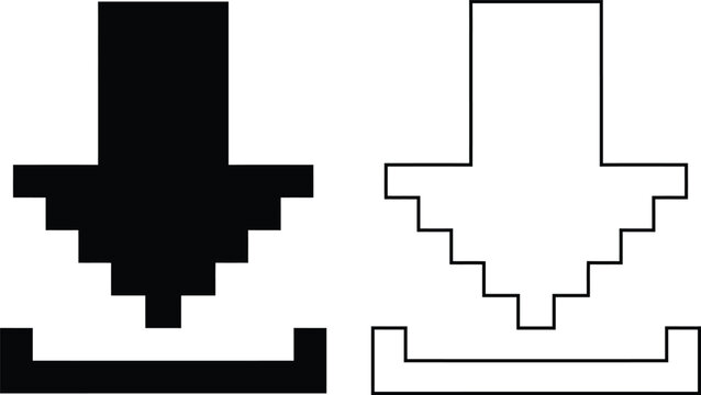 Minimalist flat vector icon set features a retro pixel art download arrow button for digital web interfaces in solid black silhouette and linear outline styles.