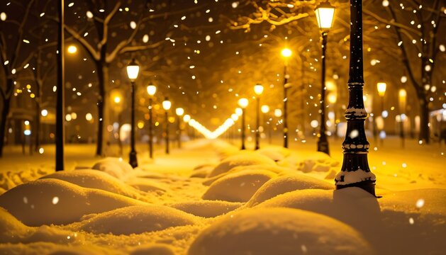 Winter Park Covered with Snow and Golden Lights