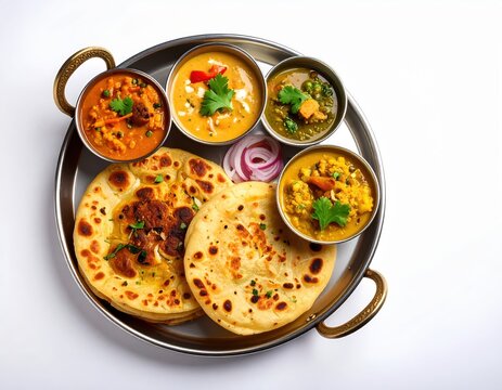 Traditional Indian meal served on a round metal tray featu two chapatis and five colorful curries garnished with fresh herbs and vegetables, top view