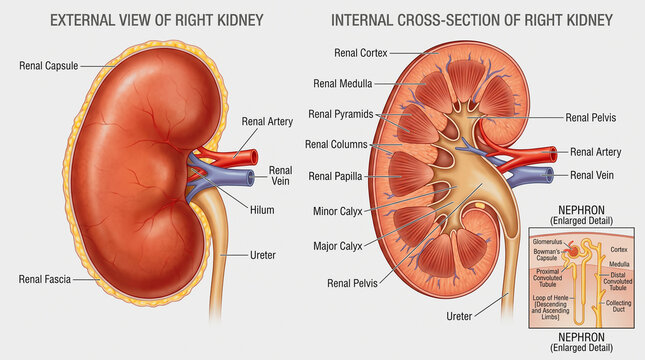 Anatomy of human kidney showing external view and internal cross section