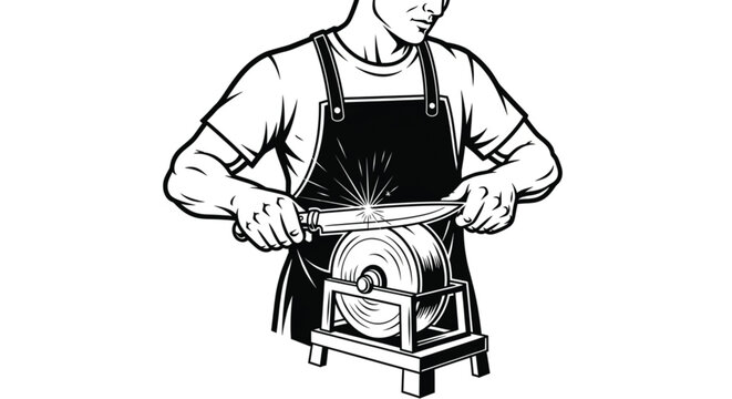 Man sharpening knife on grinder.