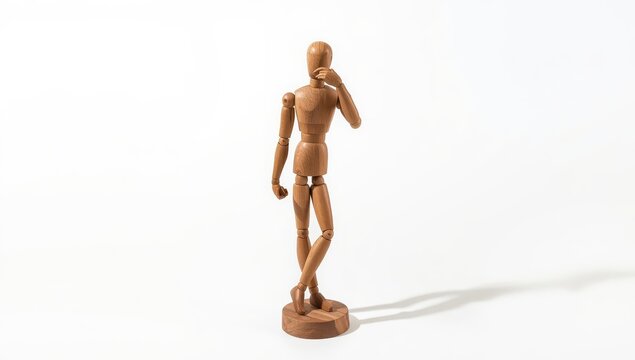 Isolated wooden man on white background. Wooden figure posing.