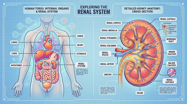Medical illustration exploring the human renal system and internal organs