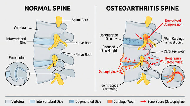 Medical comparative diagram of healthy human spine and osteoarthritis spine