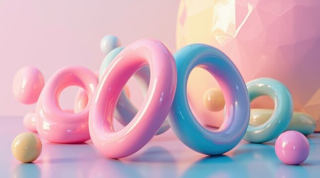 Abstract 3d render with glossy pink and blue rings and spheres in a soft pastel colored composition