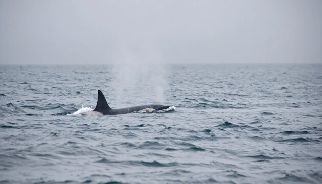 Killer whale spouting water while swimming in the ocean.
