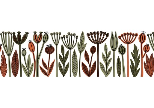 A repeating seamless pattern featuring hand-drawn stylized wild meadow flowers and foliage elements.