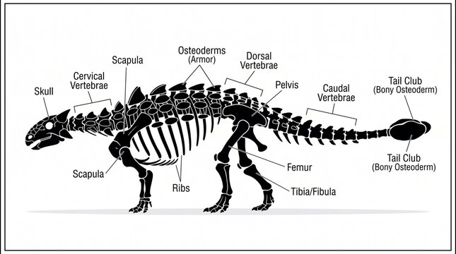 Anatomical illustration of an Ankylosaurus skeleton, detailing its bone structure and unique features like osteoderms and tail club