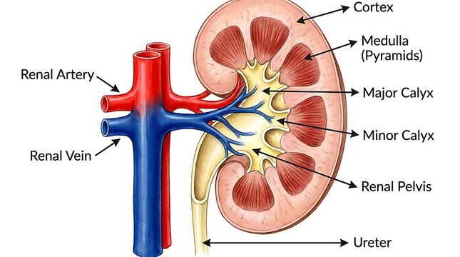 Anatomical cross section diagram of human kidney with renal vessels labeled