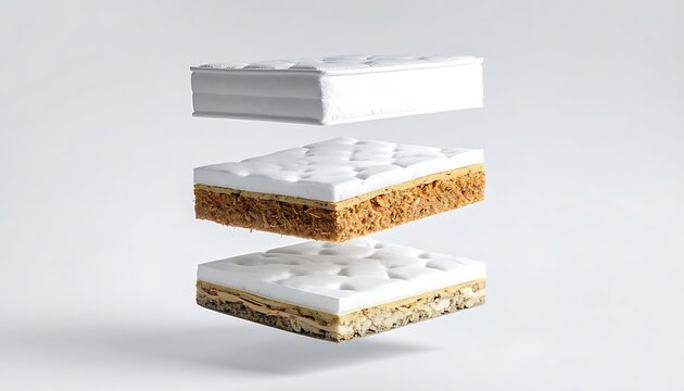 A cutaway view of layered mattress components