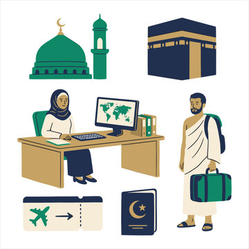 Islamic Travel and Hajj Pilgrimage Vector Set with Kaaba Mosque Office