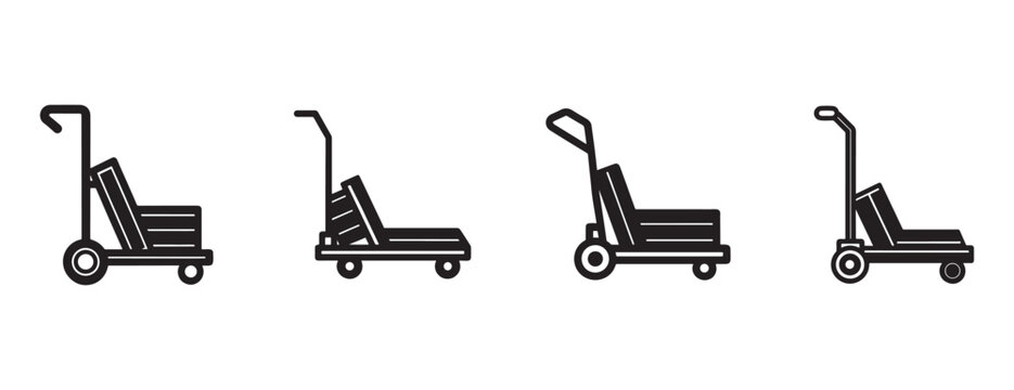 hand trucks with boxes on them in different positions used for moving heavy objects  warehouse equipment  transportation tools