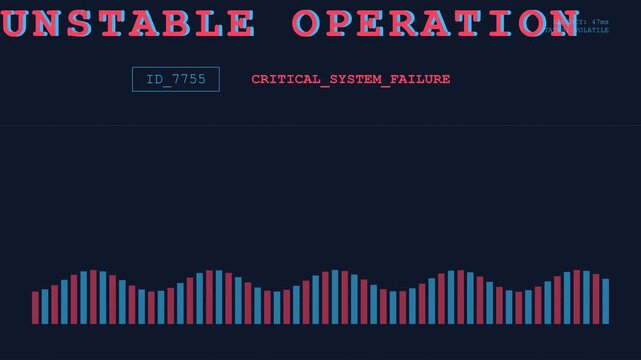 Critical system failure, Unstable operation with error bars and ID display, Dark background with red and blue graphics, symbolizing technology malfunction and data loss