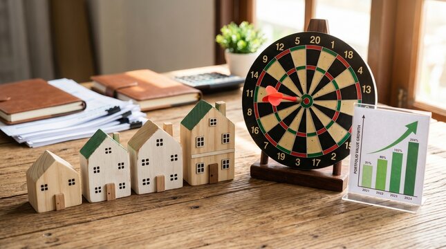 Dartboard bullseye with growth chart and miniature houses, symbolizing precision, investment success, and rising property values through strategic planning, measurable progress, and achievement in rea