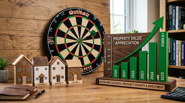Dartboard bullseye with growth chart and miniature houses, symbolizing precision, investment success, and rising property values through strategic planning, measurable progress, and achievement in rea