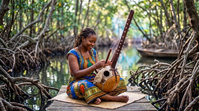 African woman playing kora on wooden pier in mangrove forest. Musician performing traditional music for Africa Day celebration. Cultural heritage, artistic talent and natural environment