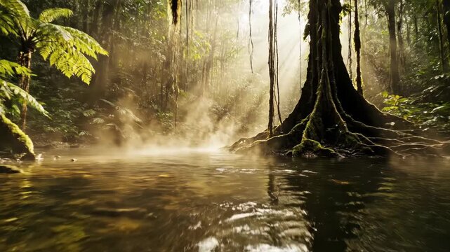 Dense tropical rainforest river with mist rising from the water surface, golden sun rays filtering through the green canopy, large buttress roots, hanging vines, and lush ferns.