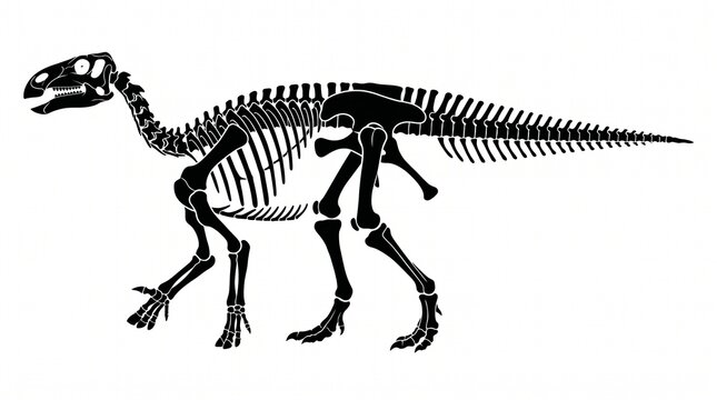 Detailed Black Silhouette of a Hadrosaur Dinosaur Skeleton Isolated on a White Background for Educational Science Displays