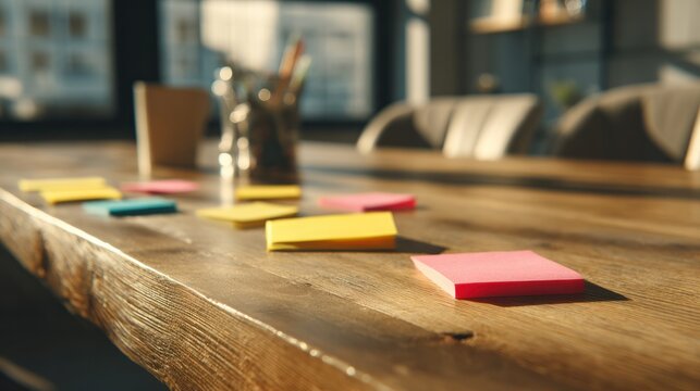 Sticky Notes on Table: Colorful sticky notes scattered across a wooden table in a sunlit office, ready for brainstorming and planning, symbolizing ideas and organization.