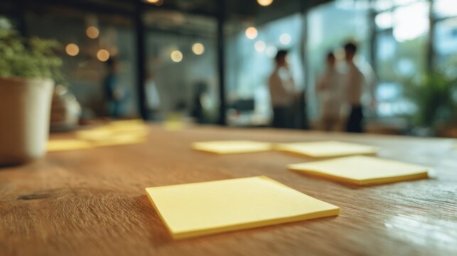 Post-it Notes on Wooden Table: Blank yellow post-it notes are scattered on a textured wooden table, ready for brainstorming or jotting down ideas, with an out-of-focus office background.