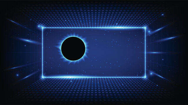 Sci fi spaceship cockpit window viewing a solar eclipse planet in deep galaxy with blue neon HUD interface