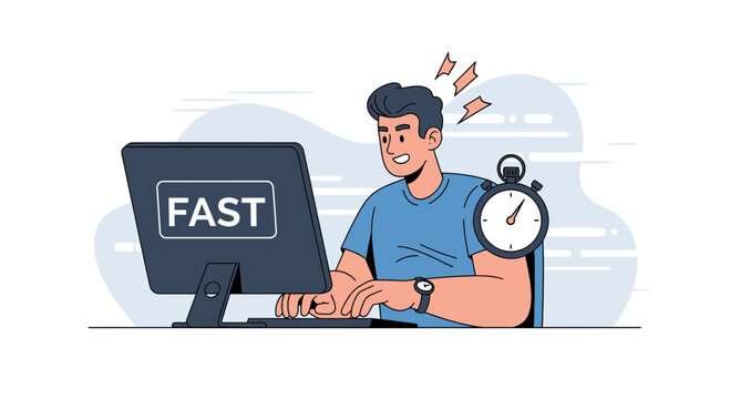 Man Working Fast on Computer with Stopwatch Symbolizing Speed and Efficiency