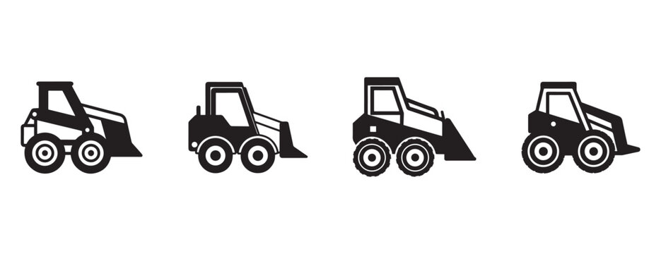 construction skid steer loaders with wheels and buckets in various positions on white background