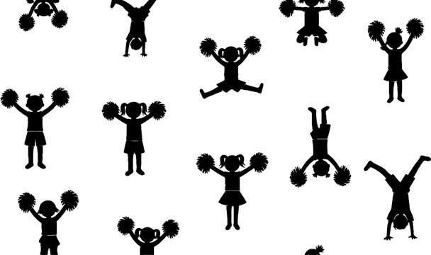Playful cheerleader silhouettes in various dynamic poses.