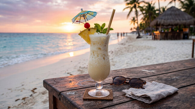 Pi&ntilde;a Colada drink on table beach side vacation