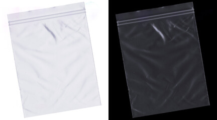 Transparent plastic zipper bag mockup, empty clear poly bag with zip lock seal, wrinkled polyethylene storage pouch on white and black background © Shagor
