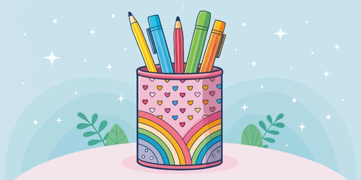 Cylindrical pencil holder with hearts and rainbow design filled with pens stationary container organizer colorful supplies education workspace creative illustration accessory stationery