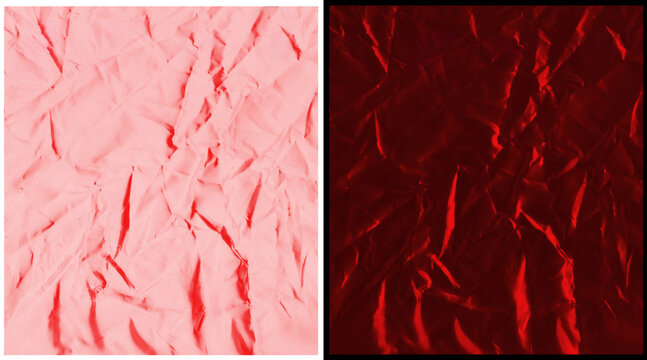 Crumpled red paper texture background, creased metallic foil surface set, wrinkled ruby red material for gift wrapping and luxury packaging design