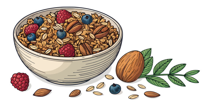 Bowl of healthy granola with fresh berries and almonds breakfast nutrition raspberries blueberries illustration isolated background vegetarian delicious balanced ingredient culinary
