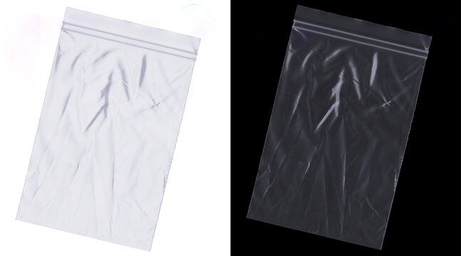 Transparent plastic zipper bag mockup, clear polyethylene zip lock pouch on white and black background, wrinkled texture poly bag for packaging