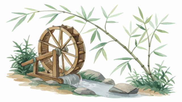 Watercolor illustration of traditional wooden water wheel in a garden stream with waterwheel landscape watercolor illustration countryside mechanism traditional botanical agriculture painting