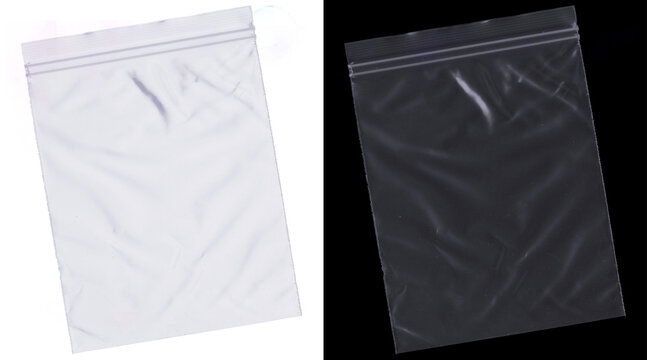 Transparent plastic zipper bag mockup, empty clear poly bag with zip lock seal, wrinkled polyethylene storage pouch on white and black background