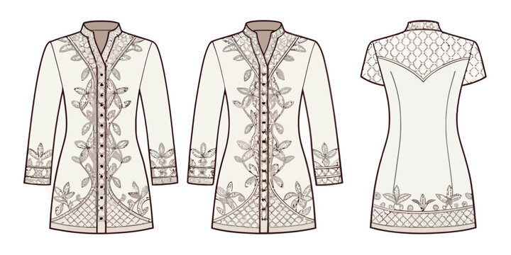 Fashion sketch design of indonesian kebaya blouse for women with clothing indonesian traditional template illustration cultural creative industry production silhouette embroidered wearable