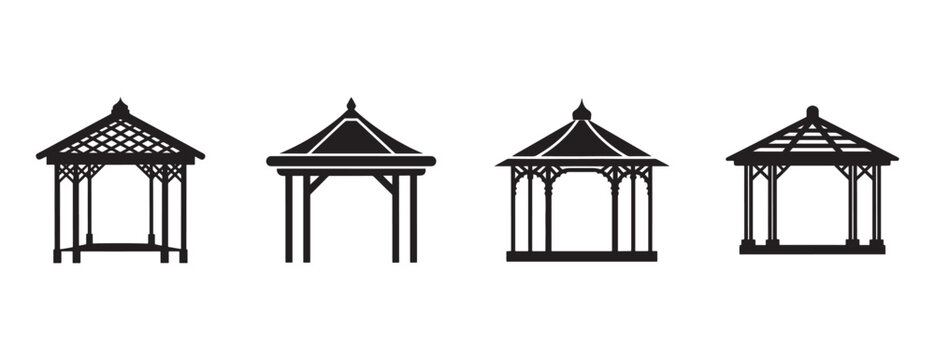 gazebo silhouettes with various roof designs and structures  isolated on white background